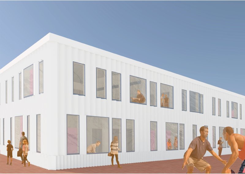 Minimal white exterior reflecting the surrounding context while framing moments of learning within.
