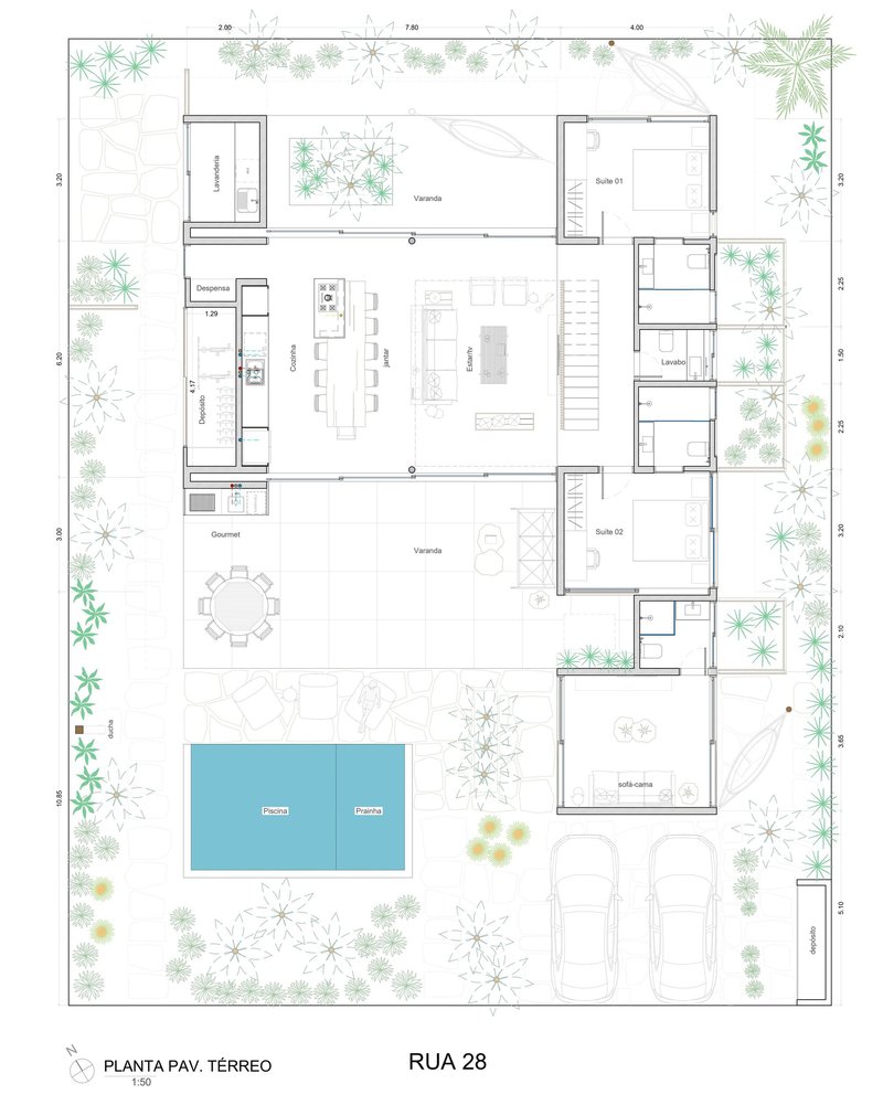 Ground floor plan drawing showing the open-plan living spaces, pool, courtyard gardens and surrounding landscaping