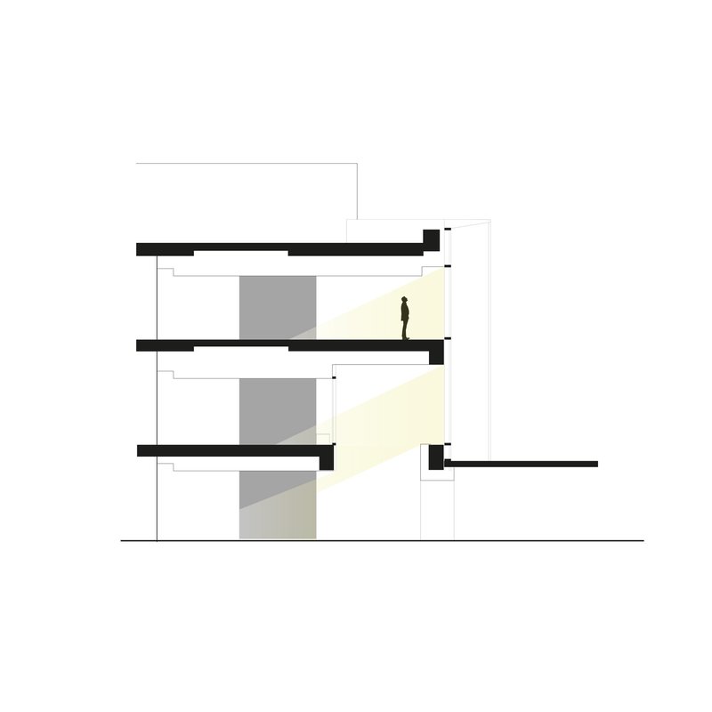 Section drawing through three floors showing central staircase with figure and cantilevered volumes