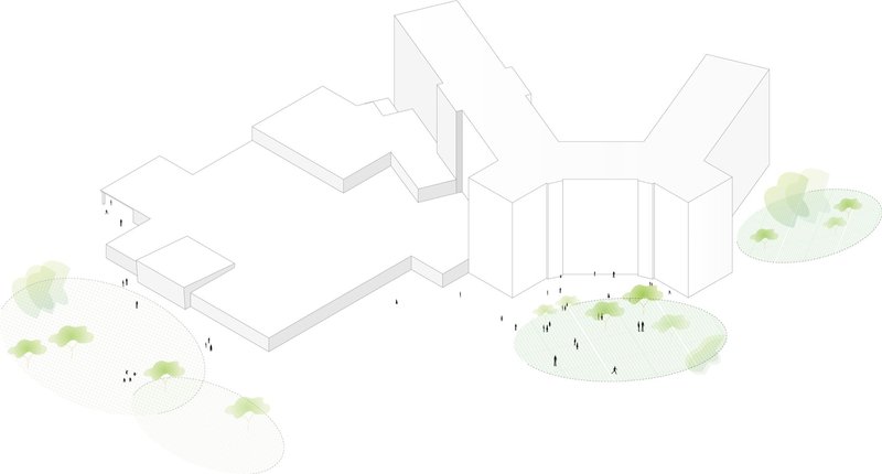 Axonometric drawing showing complex of buildings with curved facade and landscaped areas with figures and trees