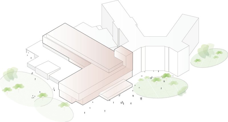 Axonometric drawing highlighting pink massing of new building volumes among existing structures with green landscaping