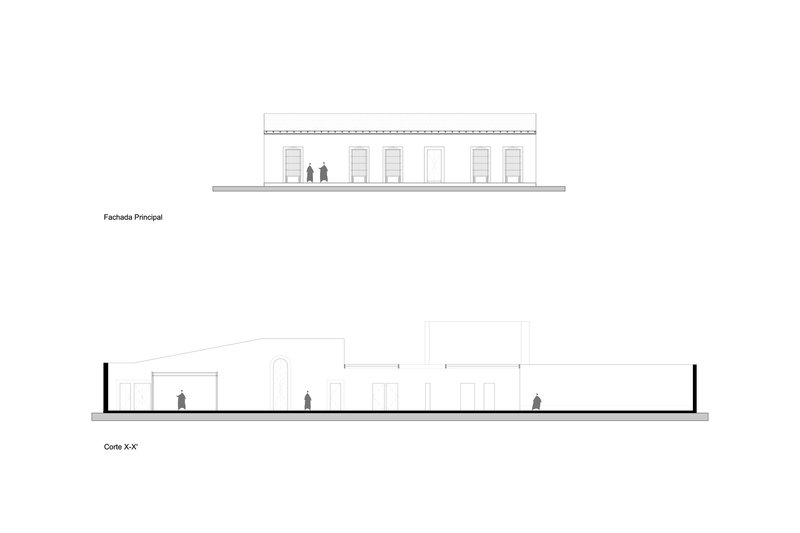 Elevation and section drawings showing a low horizontal building with doors and two standing figures