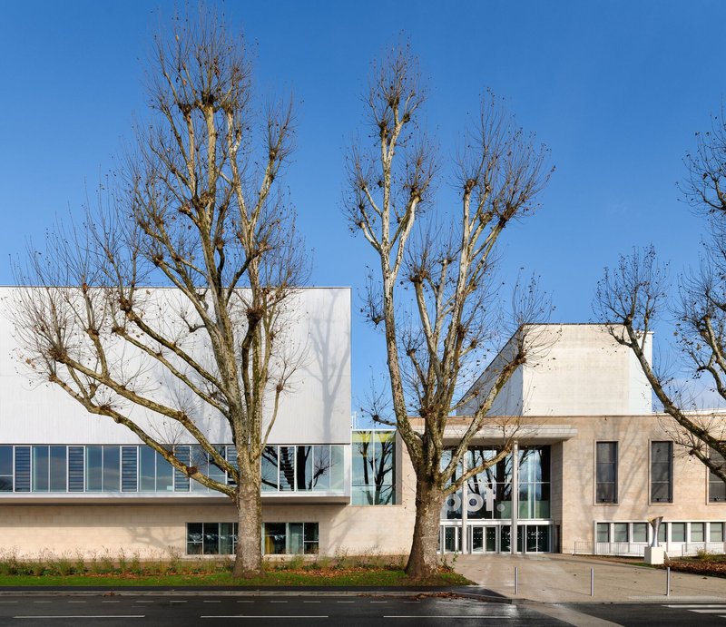 Main entrance with pruned trees and white concrete volumes under a clear blue sky