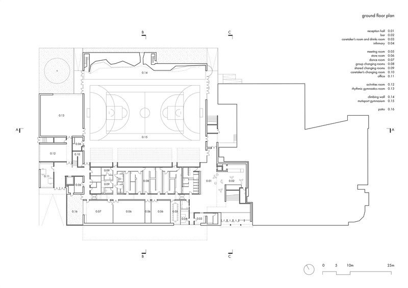 Ground floor plan drawing showing gymnasium with basketball court and adjacent support spaces