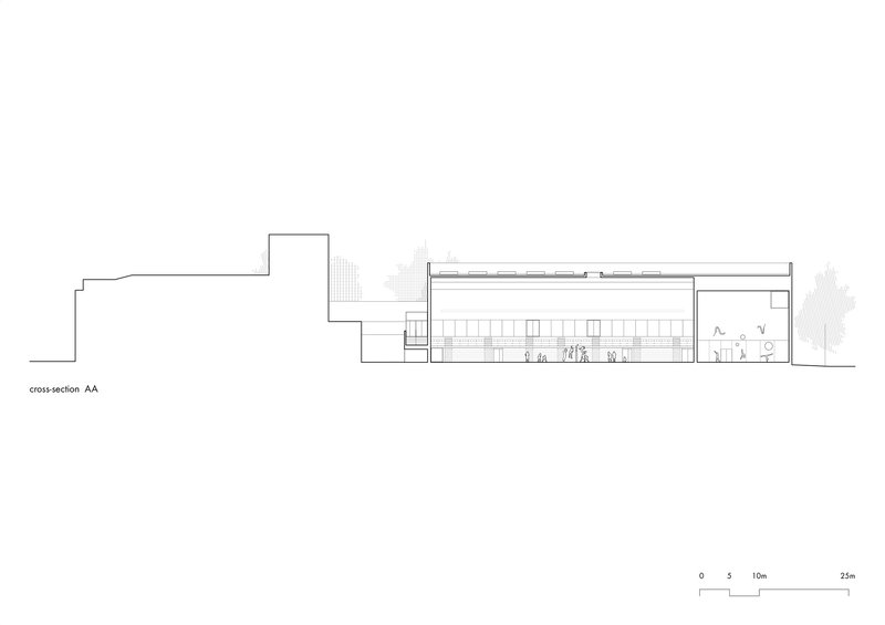 Cross-section drawing showing the interior volume of the gymnasium with spectator seating and adjacent building mass