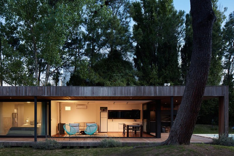 Illuminated open-plan interior seen from the garden at twilight with wood terrace extending forward
