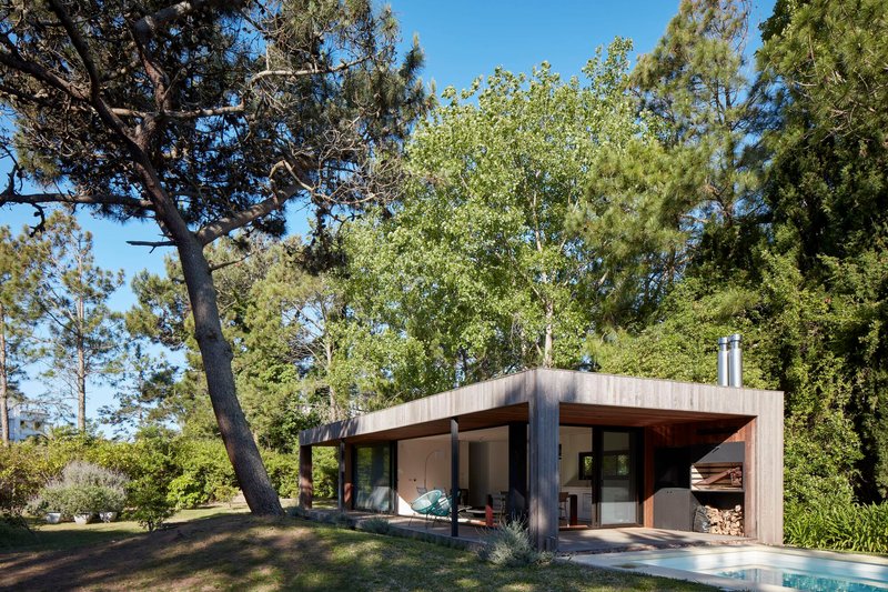 Side elevation showing cantilevered roof and continuous glazed openings between vertical timber fins