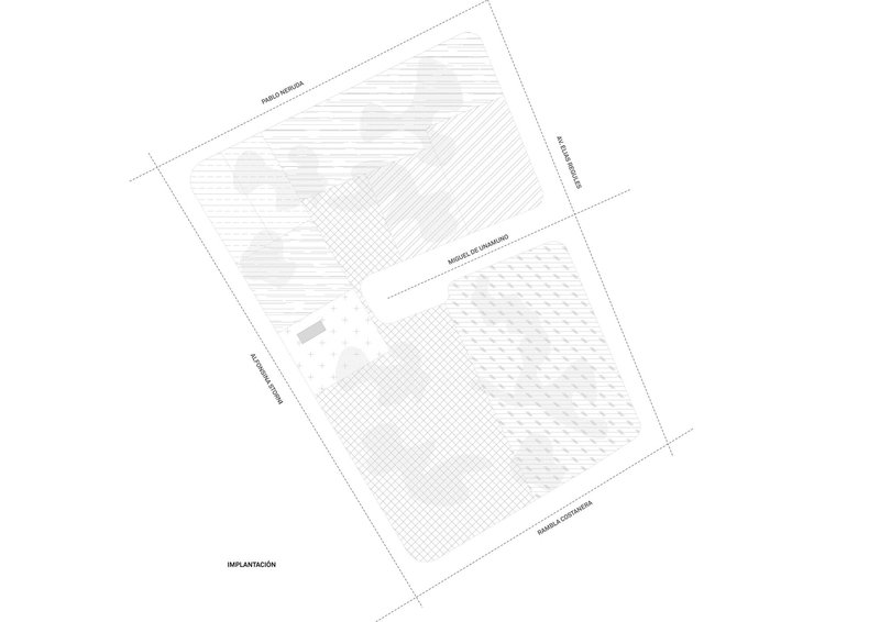 Site plan drawing showing building footprint and paving patterns on a sloped rectangular lot
