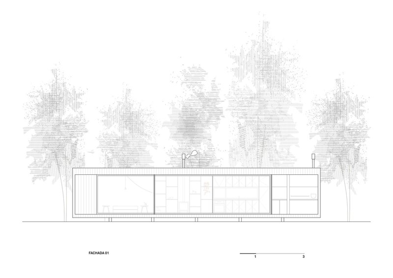 Elevation drawing of a low rectangular volume with vertical cladding and full-height glazing among trees