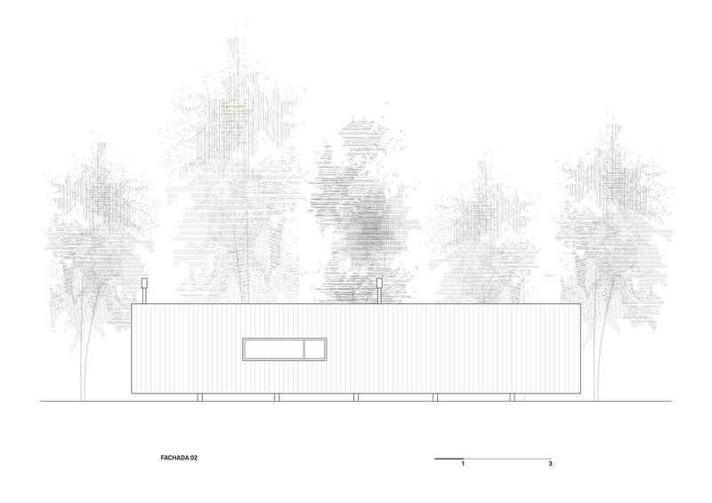 Elevation drawing showing a horizontal ridged facade with a single window opening and tall trees behind