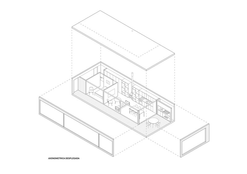 Exploded axonometric drawing revealing the interior layout with living and kitchen areas between two volumes
