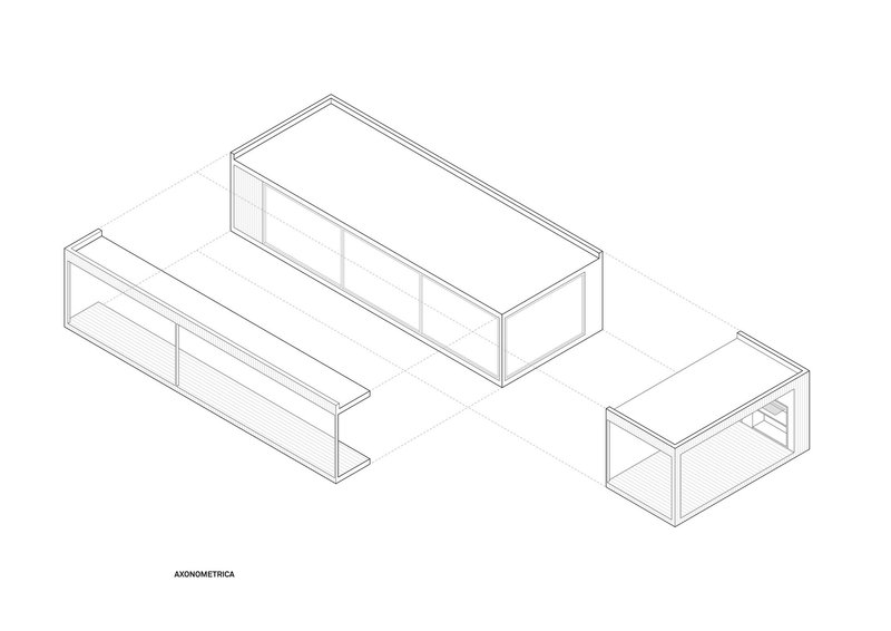 Axonometric drawing showing three separate pavilion volumes with glass walls and pitched roofs