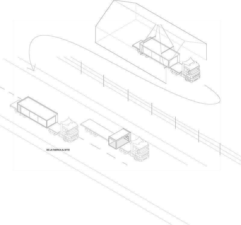 Isometric drawing showing modular building components arriving on flatbed trucks beneath a curved canopy structure