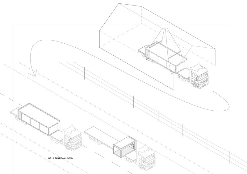 Isometric drawing depicting the assembly sequence of prefabricated modules being transported and positioned on site