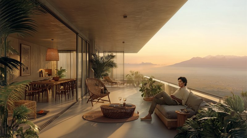 Terrace with timber ceiling and glass railing where a person reclines overlooking mountains at sunset