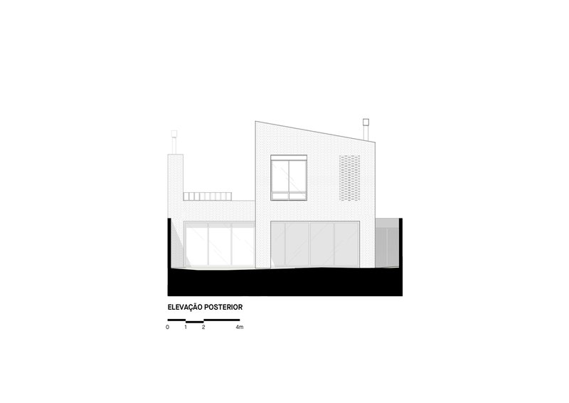 Rear elevation drawing showing a gabled volume with upper and lower window openings and ventilation screen