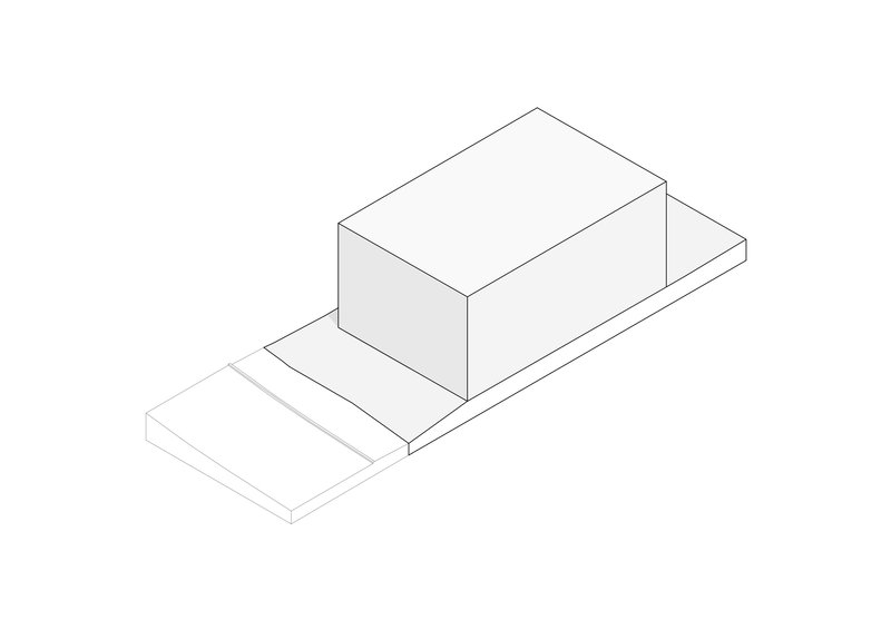 Axonometric drawing showing a two-story box atop a stepped plinth and terrace