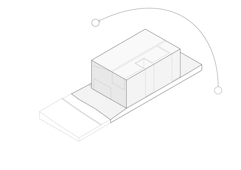 Axonometric drawing illustrating the two-story volume with courtyard cut and sun path diagram overhead