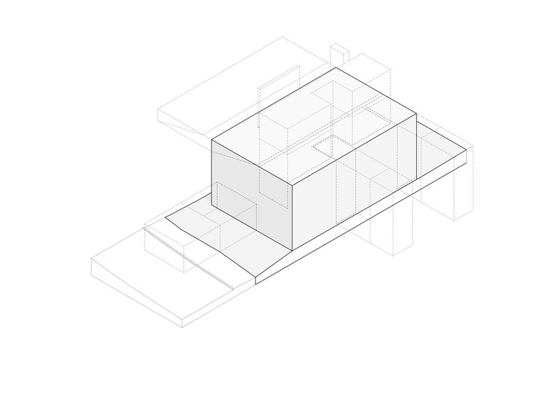Axonometric drawing showing a two-story volume with interior partitions on a sloped site base
