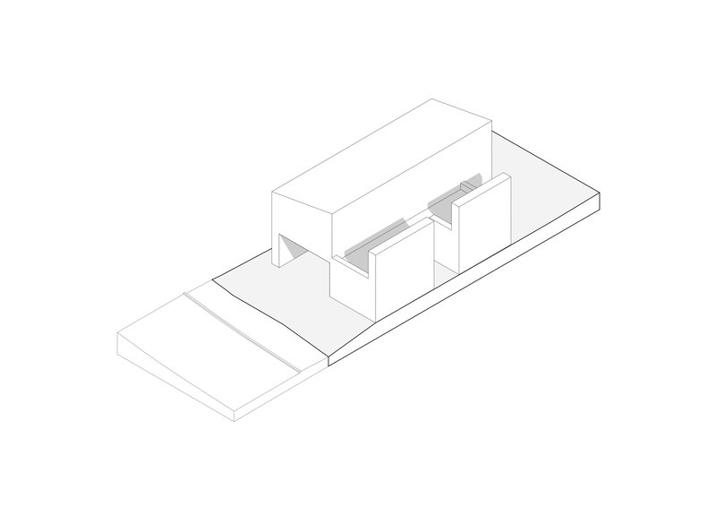 Axonometric drawing revealing the central circulation spine connecting two solid volumes above a platform