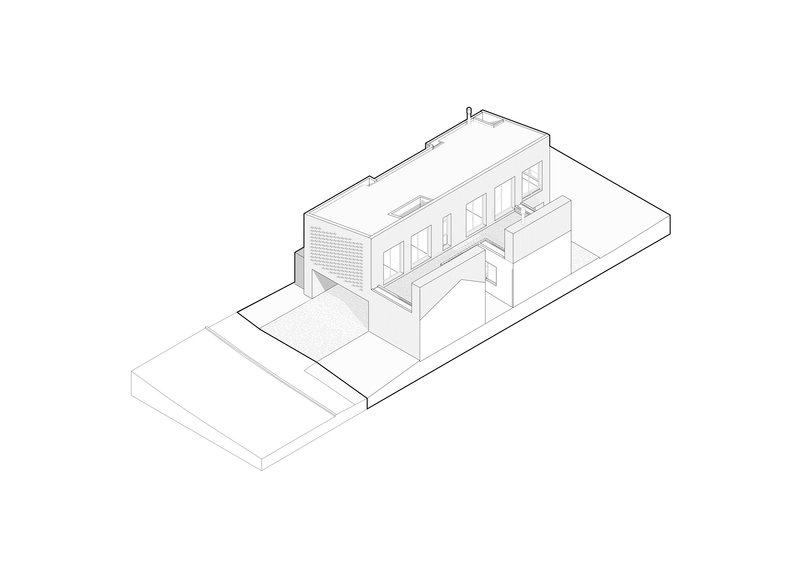 Axonometric drawing displaying the glazed facade with vertical openings and screened side wall on the platform