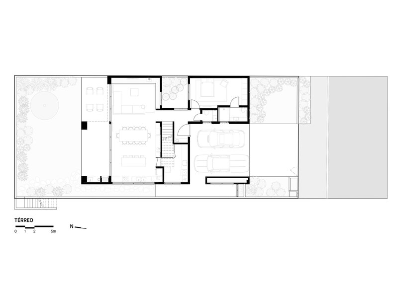 Ground floor plan drawing showing open living spaces and courtyard with adjacent pool area
