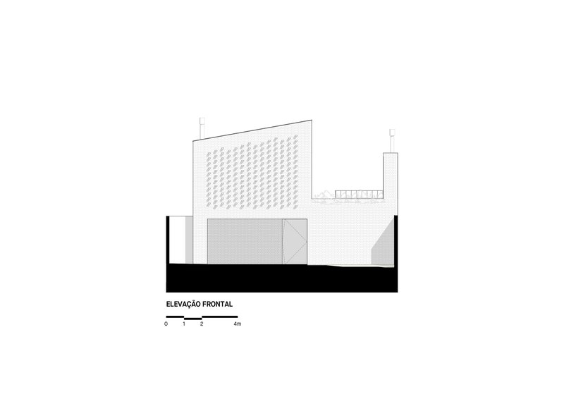 Front elevation drawing showing a two-story volume with perforated screen and tower element