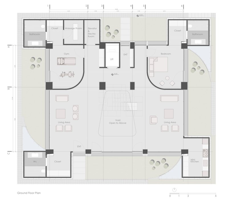 Ground floor plan drawing showing symmetrical wings with living areas flanking a central void