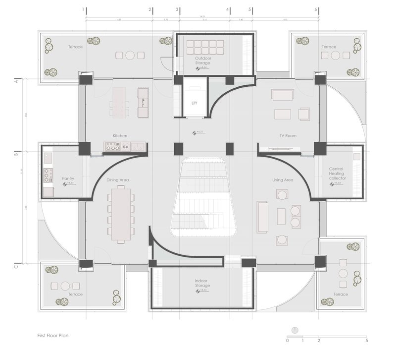 First floor plan drawing showing kitchen and living spaces with corner terraces around central stair void