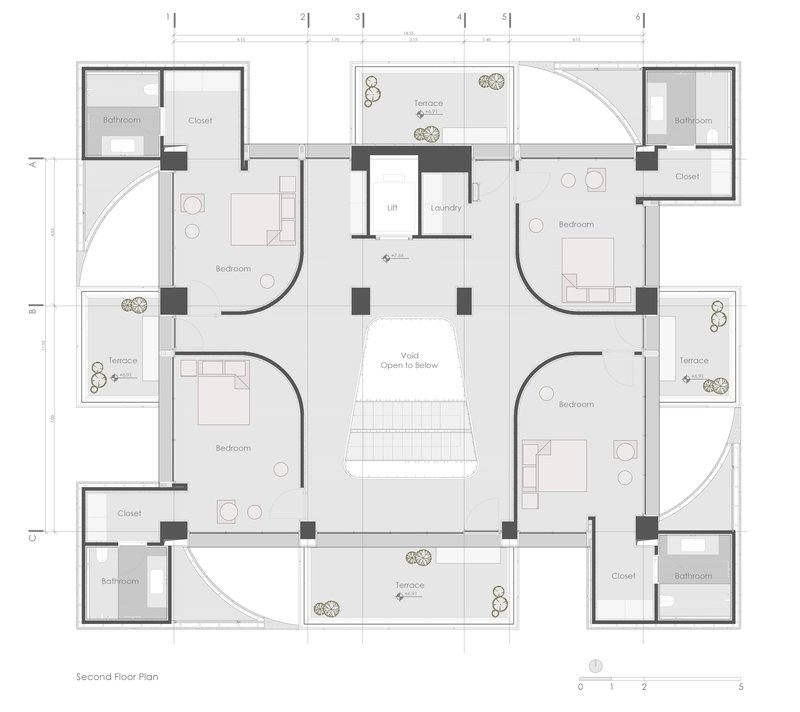 Floor plan drawing showing four bedrooms arranged around a central void open to below
