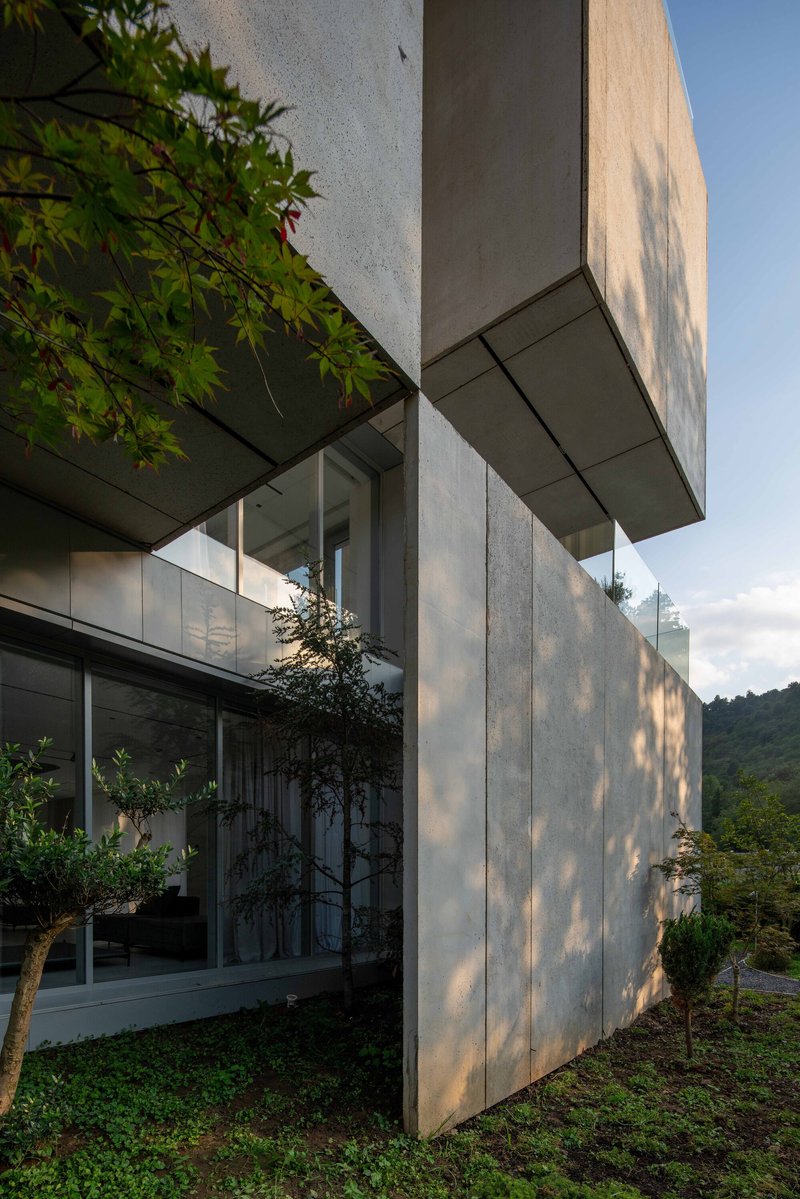 Corner detail of cantilevered concrete volume above glazed corner with tree shadows on the facade