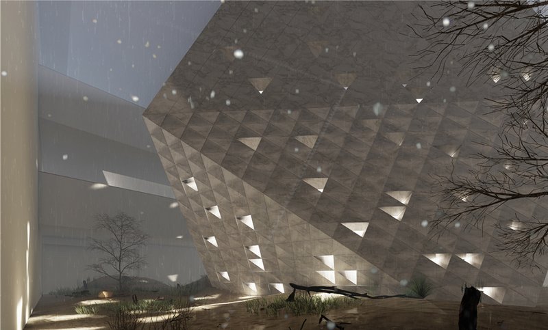 Facade perforations filtering light and rain-like condensation within a controlled microclimate