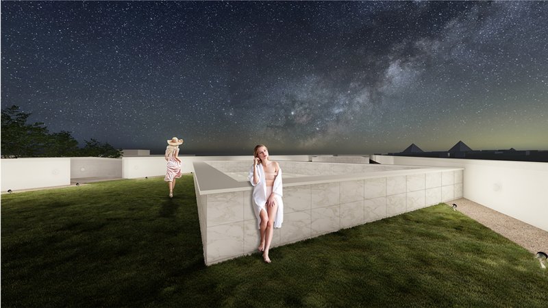 Rooftop terrace framing night sky views, contrasting desert isolation with immersive experience