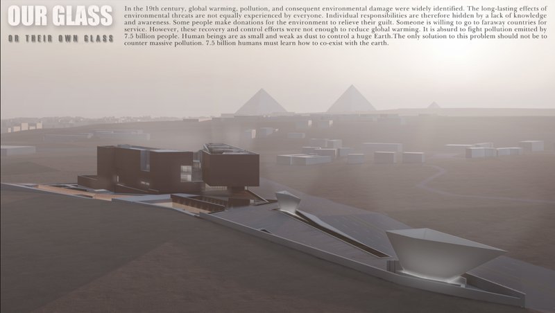 Desert-embedded museum form responding to Egypt’s extreme climate and landscape