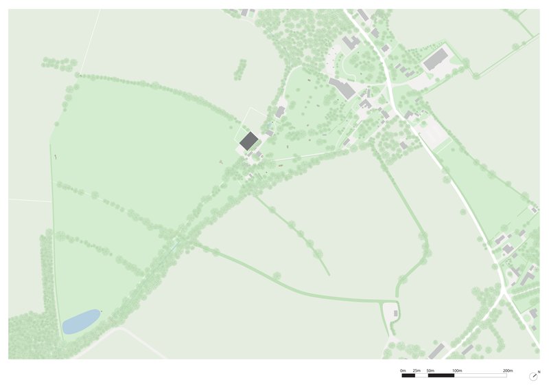 Site plan drawing showing the building footprint within parkland and surrounding tree coverage