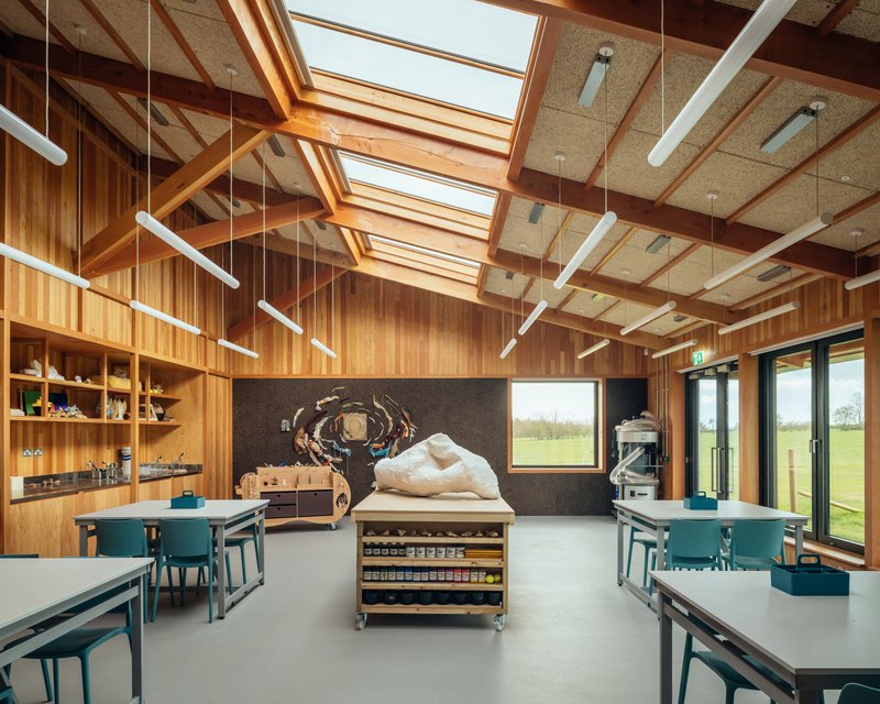 Classroom interior with vertical timber walls, exposed rafter ceiling, and continuous skylights above work tables