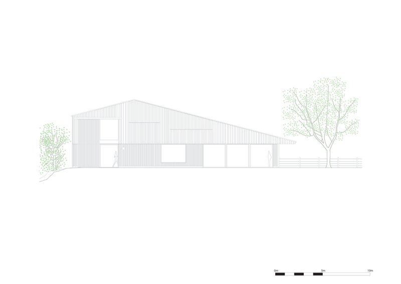 Elevation drawing showing a gabled barn with vertical cladding and flanking trees