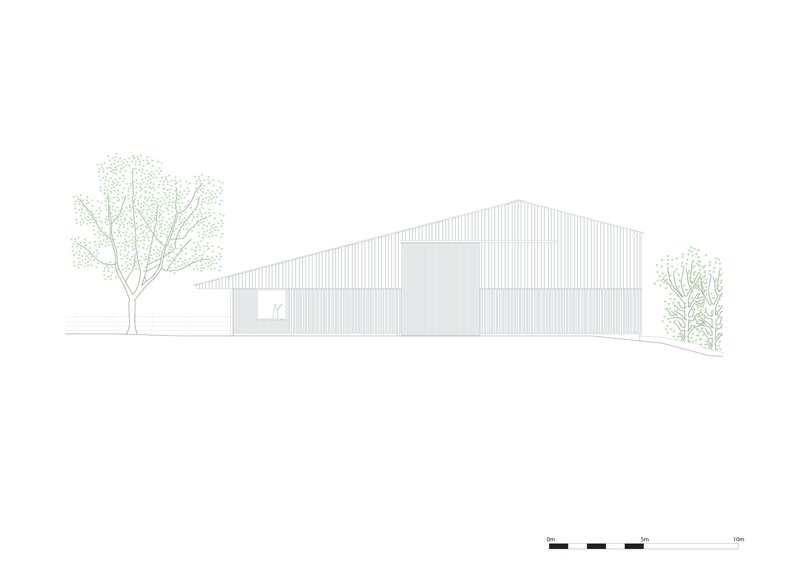Elevation drawing depicting the barn with offset volumes and a single tree
