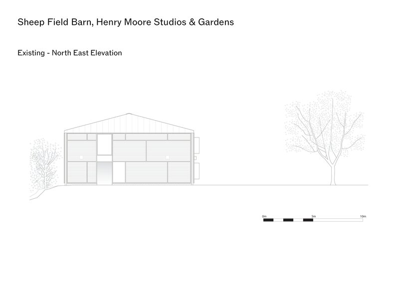Elevation drawing of the gabled end with mixed window openings between two trees