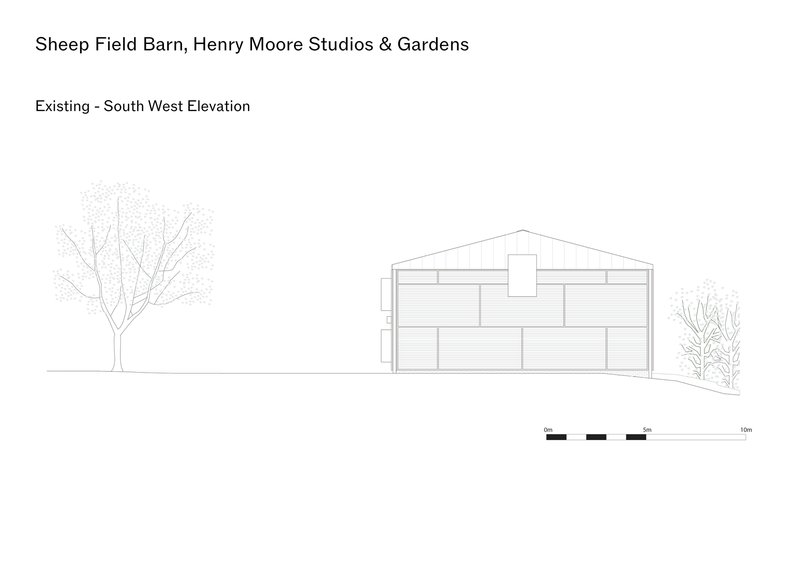 Elevation drawing of a gabled barn structure with horizontal cladding flanked by two trees