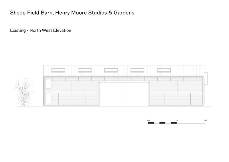 Elevation drawing depicting the barn's long facade with clerestory monitors and a small tree to the left