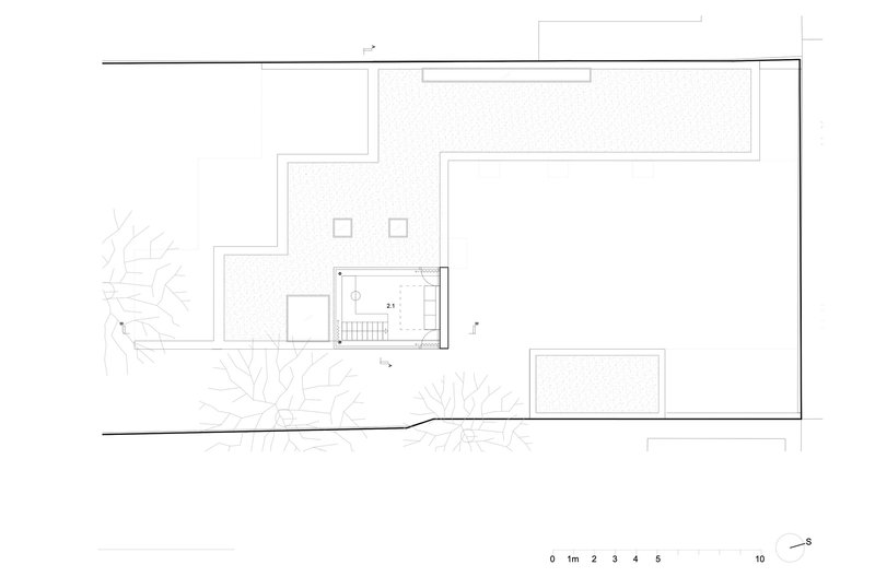 First floor plan drawing showing upper level with terrace and open volumes