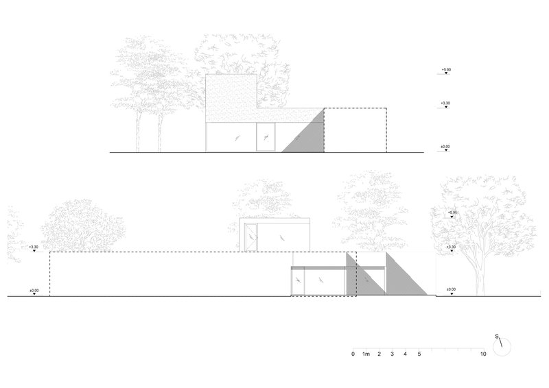Section drawings showing two building volumes with sloped roofs amid surrounding trees and landscape