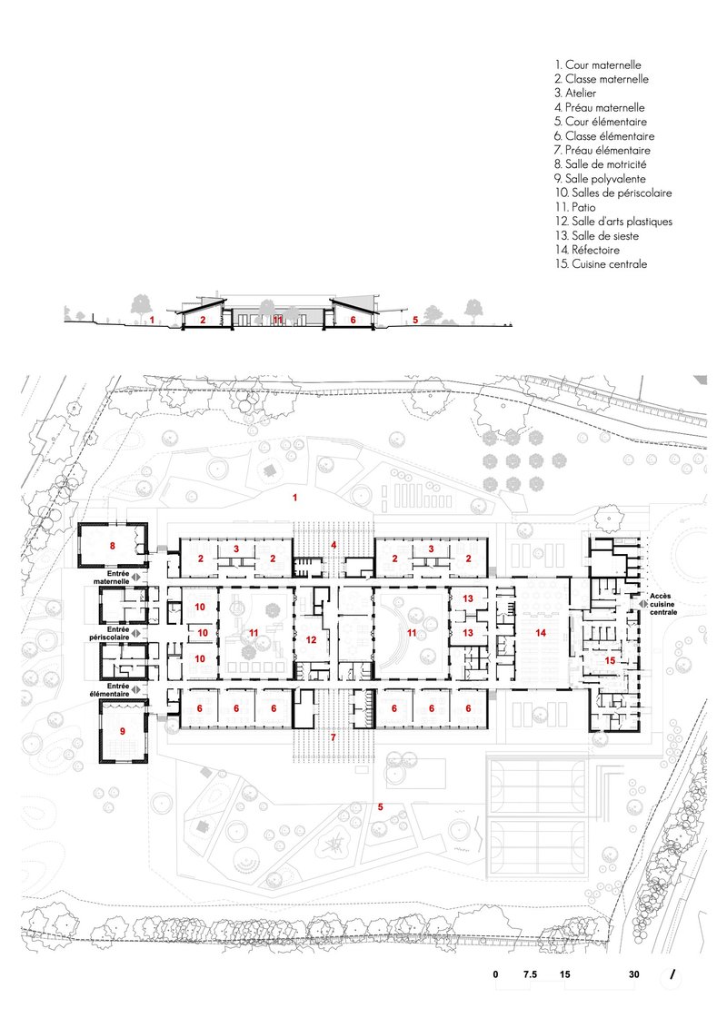 Floor plan and section drawing showing classroom wings and courtyard organization with landscape context