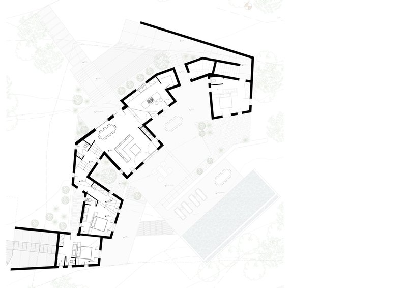Floor plan drawing of the curved residence with pool and surrounding landscape