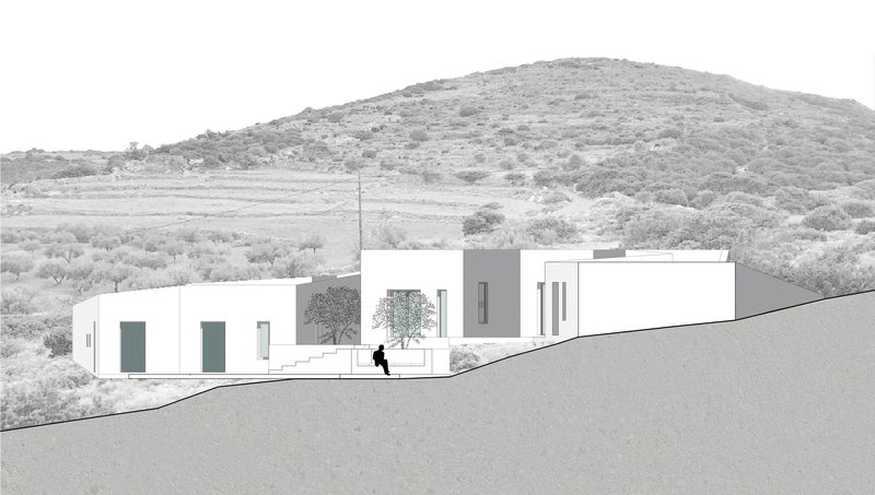 Elevation drawing depicting the white volumes with a figure walking past planted trees