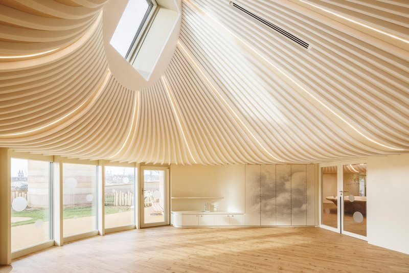 Interior space showing the flowing timber slat ceiling with tilted skylights above timber flooring and glazed sliding doors
