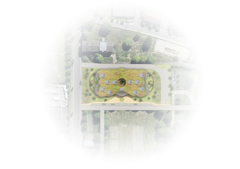 Aerial site plan rendering showing the cloverleaf roof form surrounded by landscaping and adjacent streets