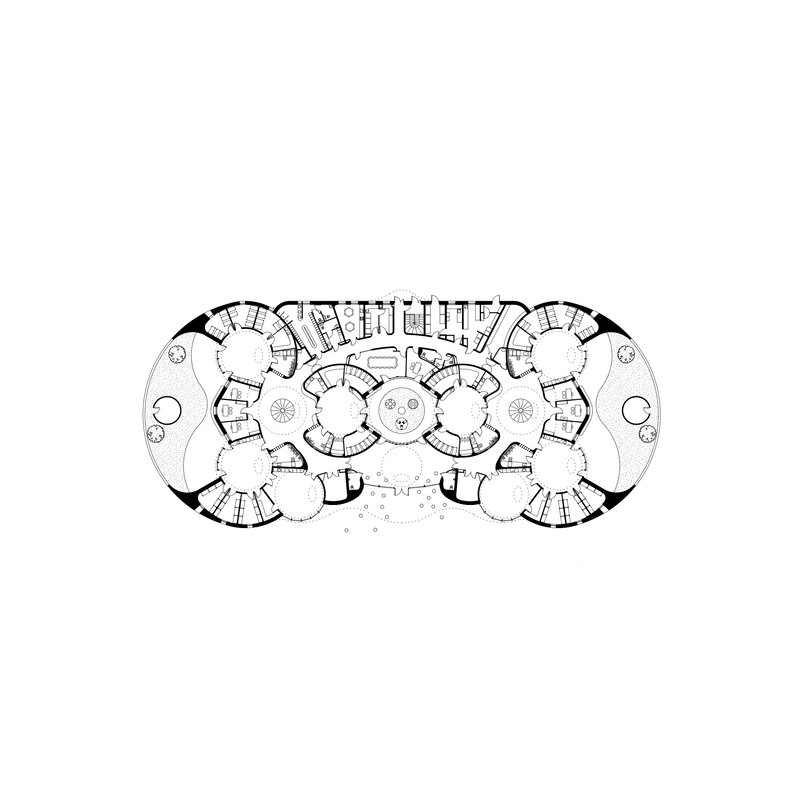 Floor plan drawing showing radial arrangement of circular spaces connected to a central core