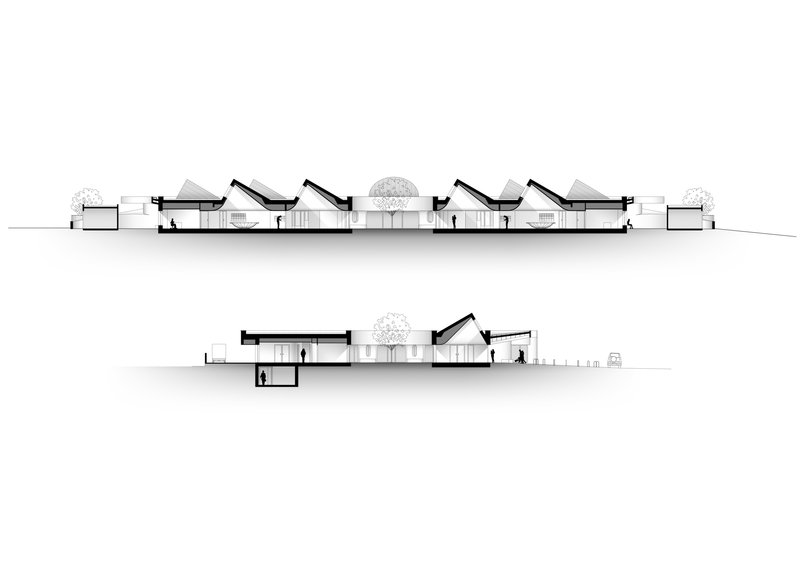 Section drawings showing angled roof volumes and a central circular form with visible interior spaces